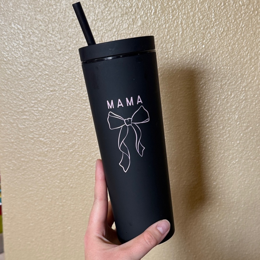Black Tumbler with Straw and Bow Design